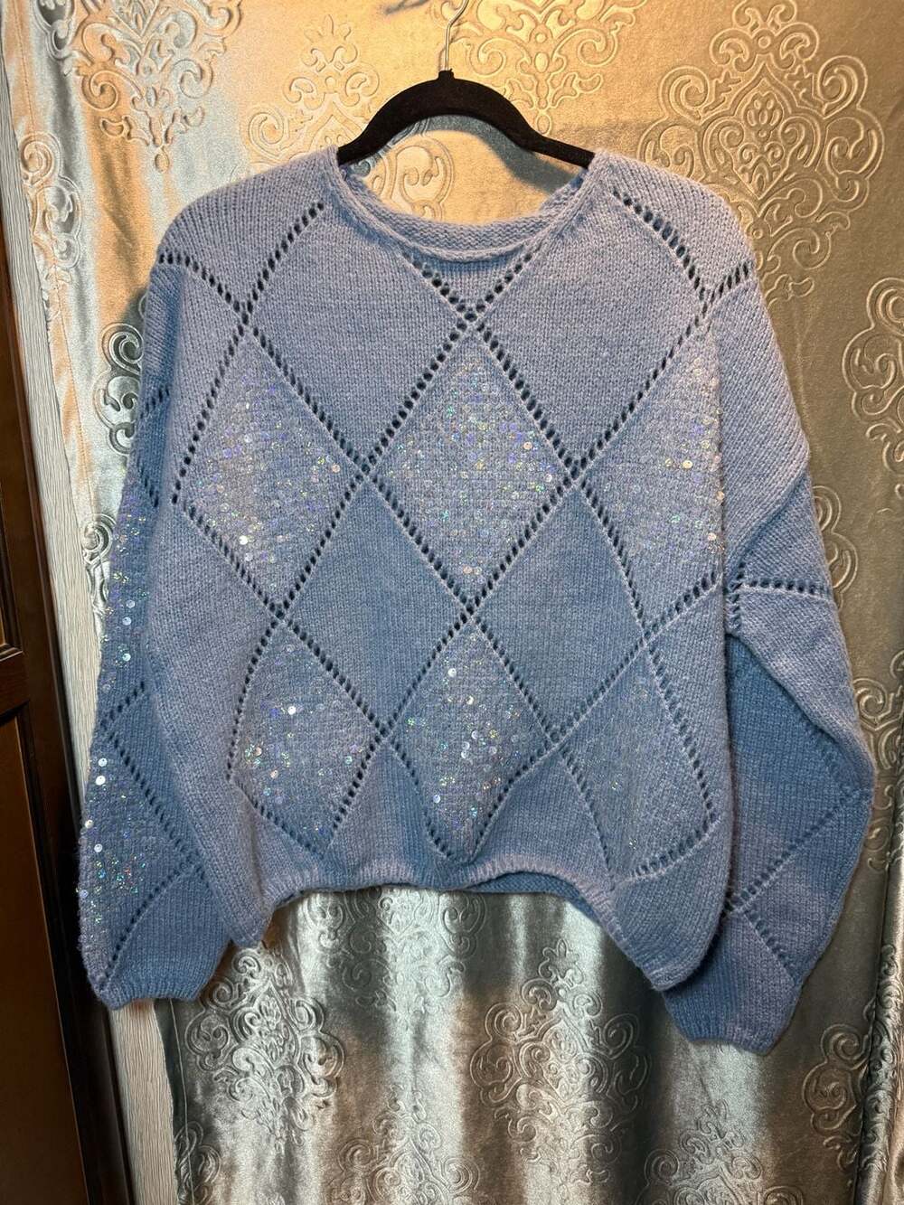 Zara Light Blue Argyle Sequin Knit Sweater